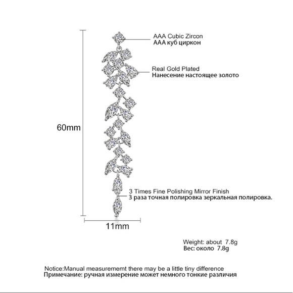 Cubic Zirconia Crystal Long Drop Leaf Earrings - Picture 3 of 4